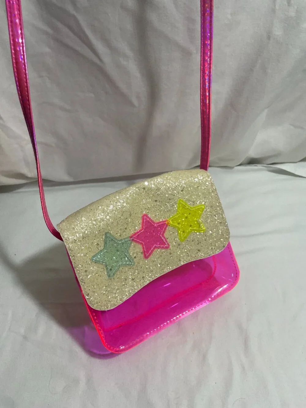 Girls Neon Pink Clear Jelly Crossbody Purse Glitter Star Flap Kids Shoulder Bag